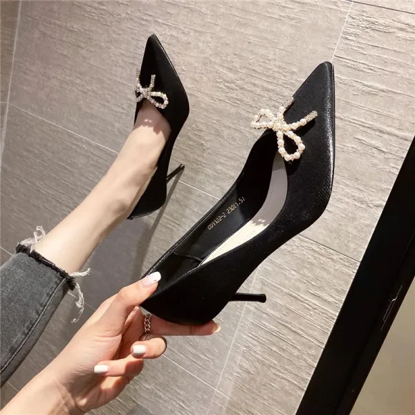 Elegant Beige Evening Party Bow Pearl Pumps 2021 7 cm Stiletto Heels High Heels Pointed Toe Pumps