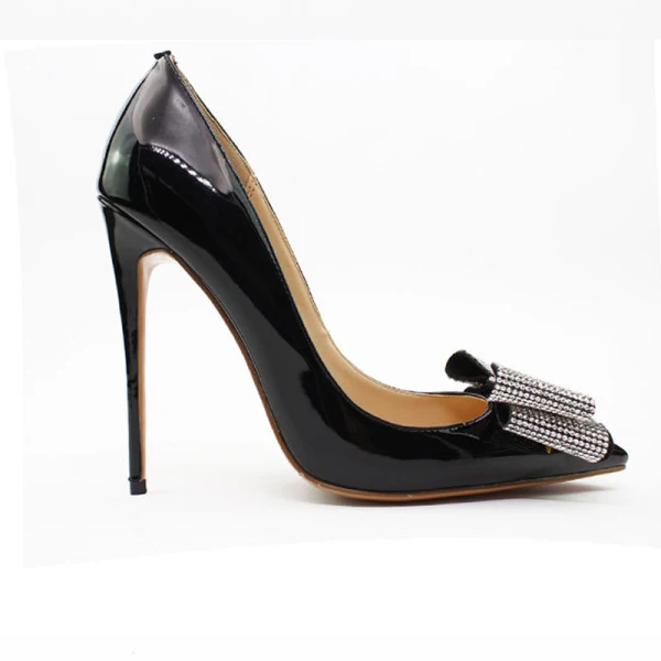 Charming Black Evening Party Rhinestone Bow Pumps 2021 12 cm Stiletto Heels High Heels Pointed Toe Pumps