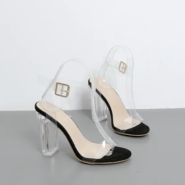 Sexy Noire Cocktail Transparente Sandales Femme 2021 11 cm Cristal Talons Épais Bride Cheville Peep Toes / Bout Ouvert Talons Hauts Sandales