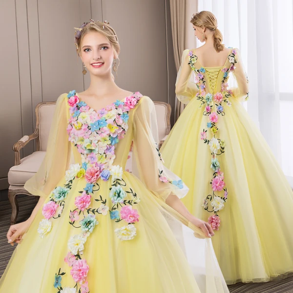 Affordable Flower Fairy Yellow Prom Dresses 2018 Ball Gown Appliques V-Neck Backless 3/4 Sleeve Floor-Length / Long Formal Dresses