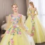 Affordable Flower Fairy Yellow Prom Dresses 2018 Ball Gown Appliques V-Neck Backless 3/4 Sleeve Floor-Length / Long Formal Dresses