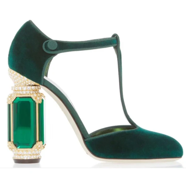 Charmant Vert Foncé Promo Faux Diamant Daim Sandales Femme 2021 Cuir 10 cm Pierres précieuses synthétiques Talons Épais T-Strap À Bout Rond Talons Hauts