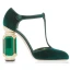 Charmant Vert Foncé Promo Faux Diamant Daim Sandales Femme 2021 Cuir 10 cm Pierres précieuses synthétiques Talons Épais T-Strap À Bout Rond Talons Hauts