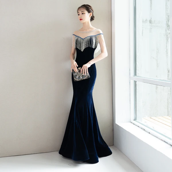 Elegant Navy Blue Evening Dresses 2018 Trumpet / Mermaid Beading Tassel Suede Scoop Neck Backless Short Sleeve Floor-Length / Long Formal Dresses