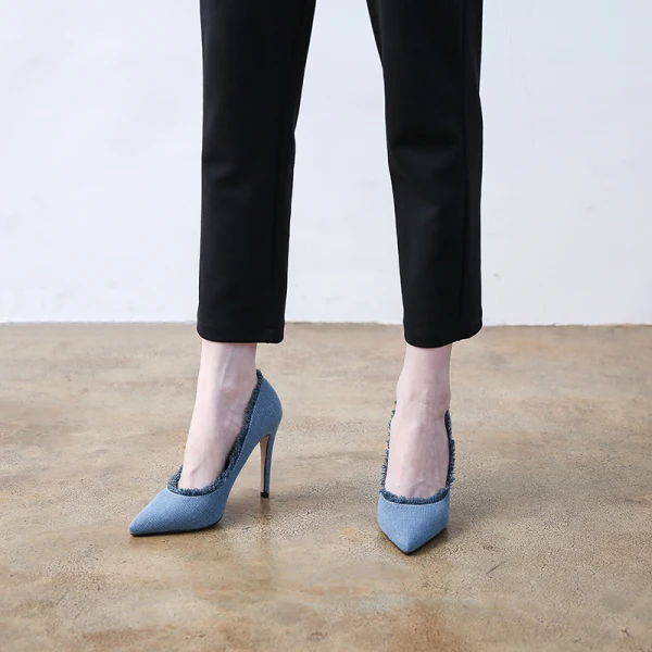 Fashion Pool Blue Street Wear Canvas Pumps High Heels 2021 10 cm Stiletto Heels Pointed Toe Pumps
