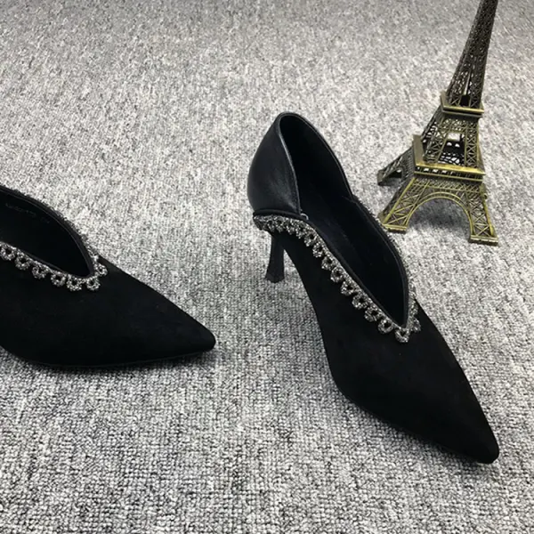 Vintage Schwarz Freizeit Leder Strass Pumps 2021 7 cm Stilettos Hochhackige Spitzschuh Pumps