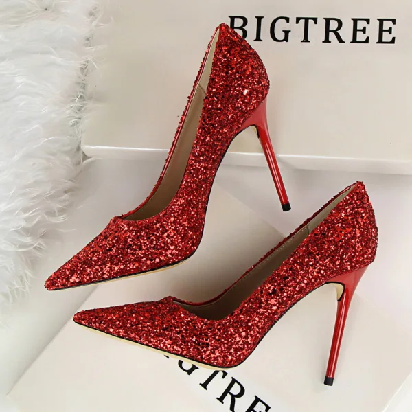 Glittrande Champagne Afton Paljetter Pumps 2021 Högklackade 9 cm Stilettklackar Spetsiga Pumps