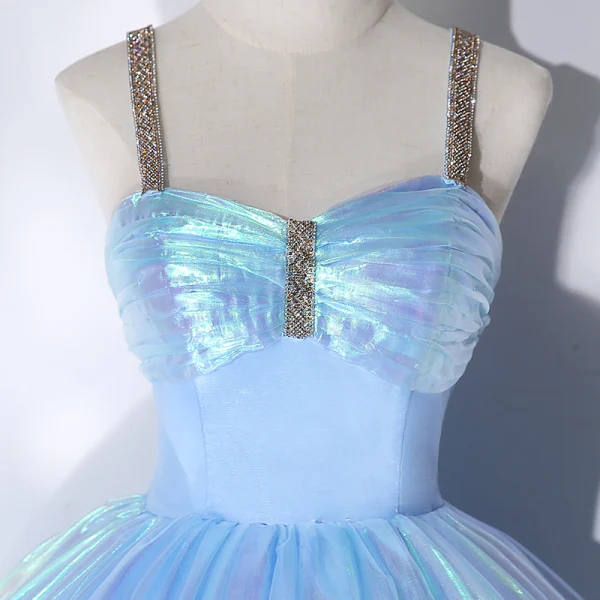 Illusion Sky Blue Cinderella Prom Dresses 2021 Ball Gown Rhinestone Spaghetti Straps Sleeveless Backless Floor-Length / Long Prom Formal Dresses
