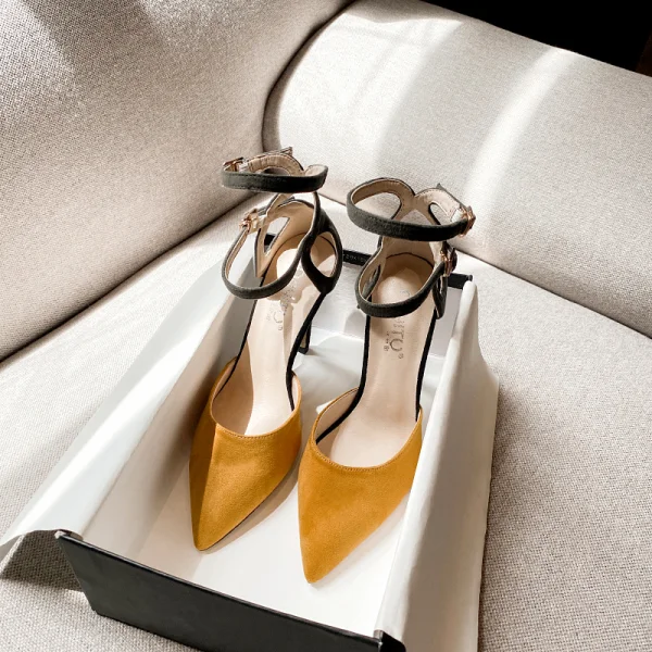 Chic / Belle Noire Cocktail Daim Sandales Femme 2021 Bride Cheville 10 cm Talons Aiguilles À Bout Pointu Sandales Talons Hauts