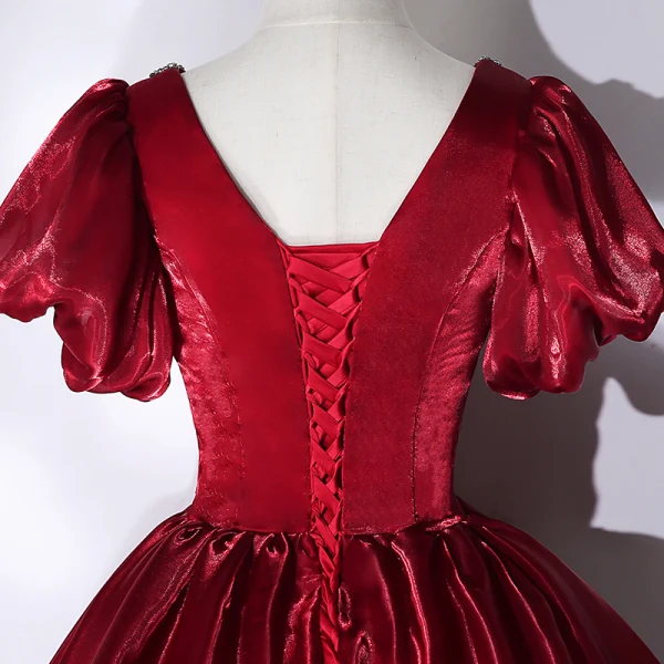 Classy Burgundy Prom Dresses 2021 Ball Gown V-Neck Crystal Rhinestone Short Sleeve Backless Floor-Length / Long Prom Formal Dresses