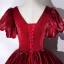 Classy Burgundy Prom Dresses 2021 Ball Gown V-Neck Crystal Rhinestone Short Sleeve Backless Floor-Length / Long Prom Formal Dresses