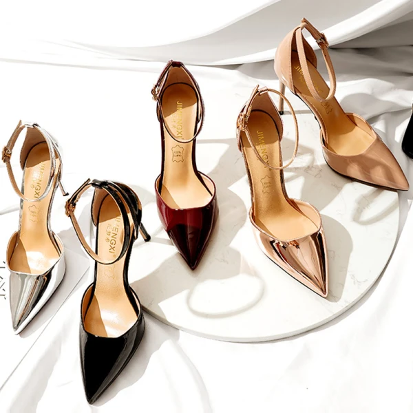 Sexy Champagne Evening Party Patent Leather Womens Sandals 2021 Ankle Strap 10 cm Stiletto Heels Pointed Toe Sandals High Heels