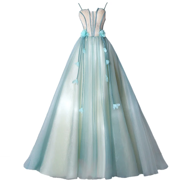 Classy Mint Green Prom Dresses 2021 A-Line / Princess Spaghetti Straps Appliques Lace Flower Sleeveless Backless Floor-Length / Long Prom Formal Dresses