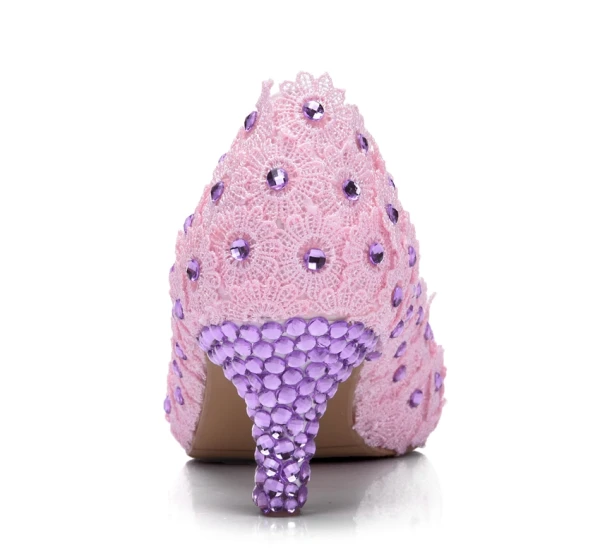 Lovely Candy Pink Wedding Shoes 2018 Lace Rhinestone 5 cm Stiletto Heels Pointed Toe Wedding Pumps