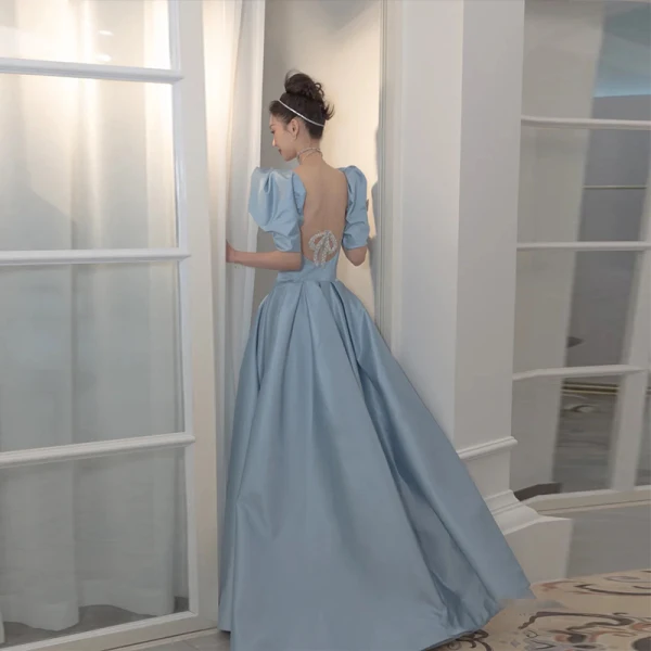 Vintage / Retro Sky Blue Satin Prom Dresses 2021 A-Line / Princess Square Neckline Short Sleeve Backless Beading Bow Floor-Length / Long Prom Formal Dresses