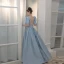 Vintage / Retro Sky Blue Satin Prom Dresses 2021 A-Line / Princess Square Neckline Short Sleeve Backless Beading Bow Floor-Length / Long Prom Formal Dresses