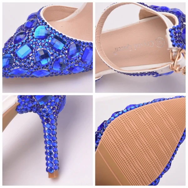 Charming Royal Blue Evening Party Womens Shoes 2018 Crystal Rhinestone Ankle Strap 8 cm Stiletto Heels Pointed Toe High Heels