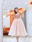 Vintage / Retro Blushing Pink Suede Prom Dresses 2021 A-Line / Princess U-Neck Short Sleeve Tea-length Prom Formal Dresses