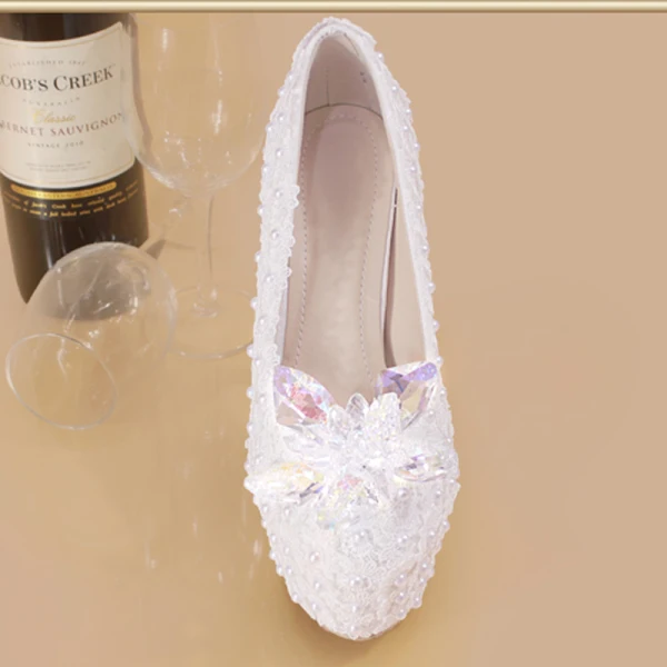 Charmant Ivoire En Dentelle Fleur Perle Cristal Chaussure De Mariée 2021 15 cm Talons Aiguilles À Bout Pointu Mariage Talons Hauts