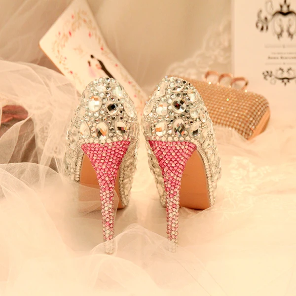Scintillantes Argenté Faux Diamant Chaussure De Mariée 2021 14 cm Talons Aiguilles Peep Toes / Bout Ouvert Mariage Talons Hauts
