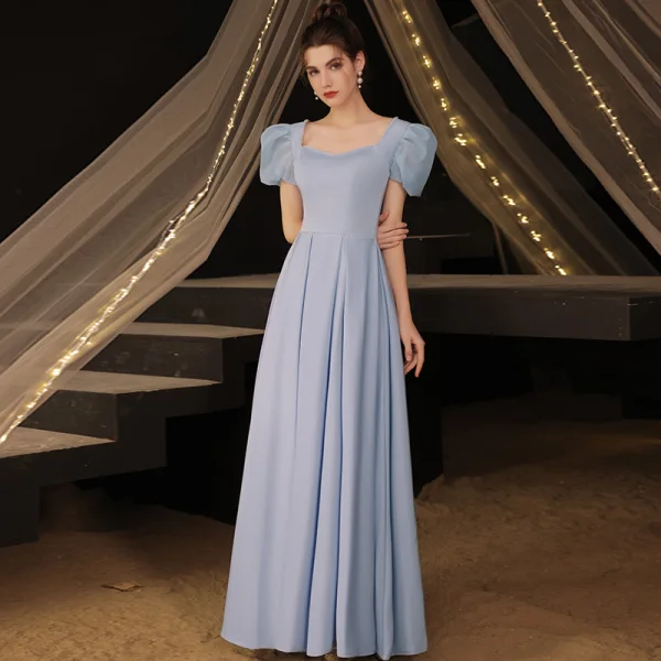 Vintage / Retro Modest / Simple Sky Blue Satin Evening Dresses Prom Dresses 2021 A-Line / Princess Pearl Square Neckline Short Sleeve Backless Floor-Length / Long Formal Dresses
