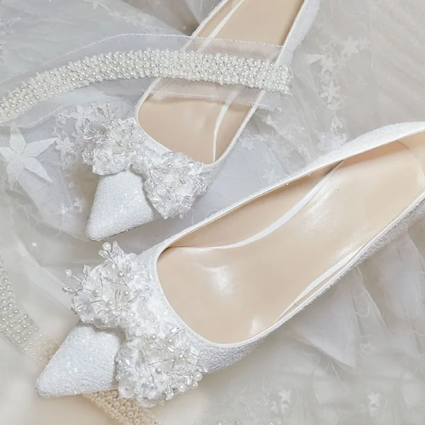 Charmant Ivoire Chaussure De Mariée 2021 Cuir Perle Faux Diamant Noeud 10 cm Talons Aiguilles À Bout Pointu Mariage Escarpins Talons Hauts