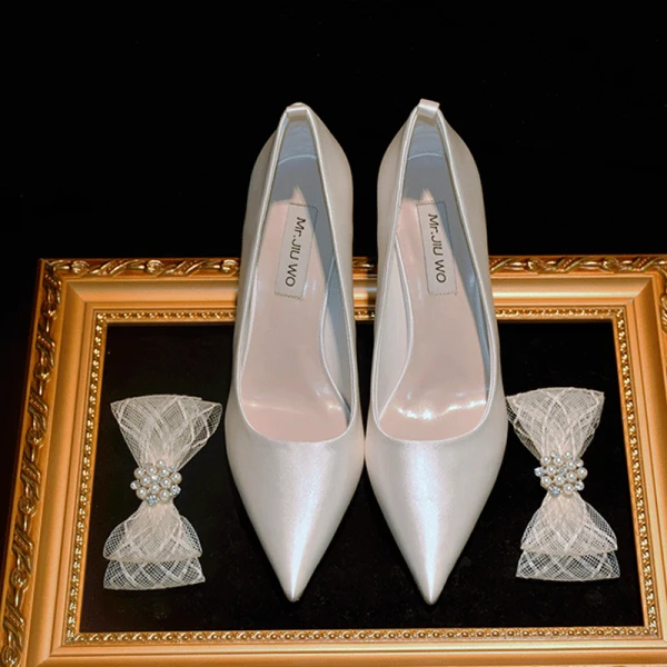 Elegant Ivory Pearl Bow Wedding Shoes 2021 Leather 8 cm Stiletto Heels Pointed Toe Wedding Pumps High Heels