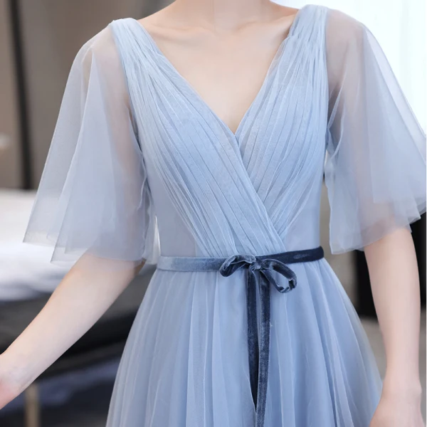 Modest / Simple Sky Blue Bow Sash Bridesmaid Dresses 2021 A-Line / Princess Short Sleeve Backless Floor-Length / Long Wedding Party Dresses