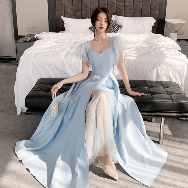 blue satin bridesmaid dresses Illusion Cut Sleeveless Dark Blue Bridesmaid Dresses Satin Skirt –  loveangeldress main image 0