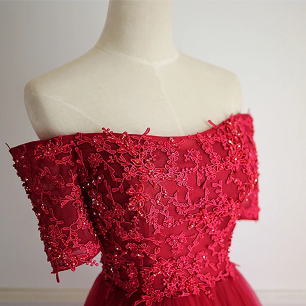 Chic / Beautiful Red Prom Dresses 2018 A-Line / Princess Crystal Beading Appliques Off-The-Shoulder Backless Short Sleeve Floor-Length / Long Formal Dresses