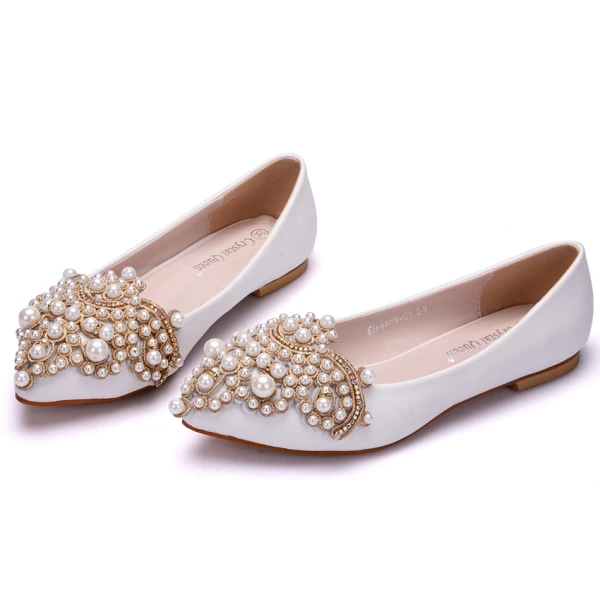 Snygga / Fina Vita Casual Damskor 2018 Pärla Rhinestone Spetsiga Platt
