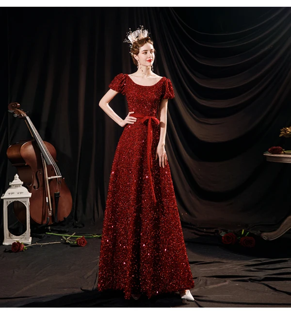 Sparkly Vintage / Retro Burgundy Prom Dresses 2021 A-Line / Princess Beading Sequins Sash Bow Scoop Neck Short Sleeve Backless Floor-Length / Long Prom Formal Dresses