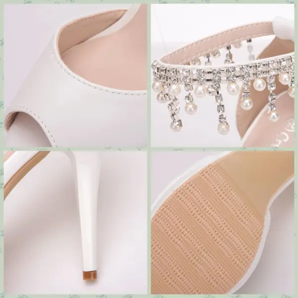 Modern / Fashion White Wedding Shoes 2018 Pearl Rhinestone Tassel 11 cm Stiletto Heels Open / Peep Toe Wedding High Heels