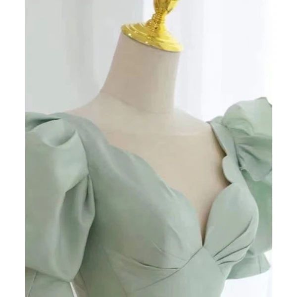 Vintage / Retro Sage Green Prom Dresses A-Line / Princess 2021 Scoop Neck Puffy Short Sleeve Backless Bow Tea-length Prom Formal Dresses