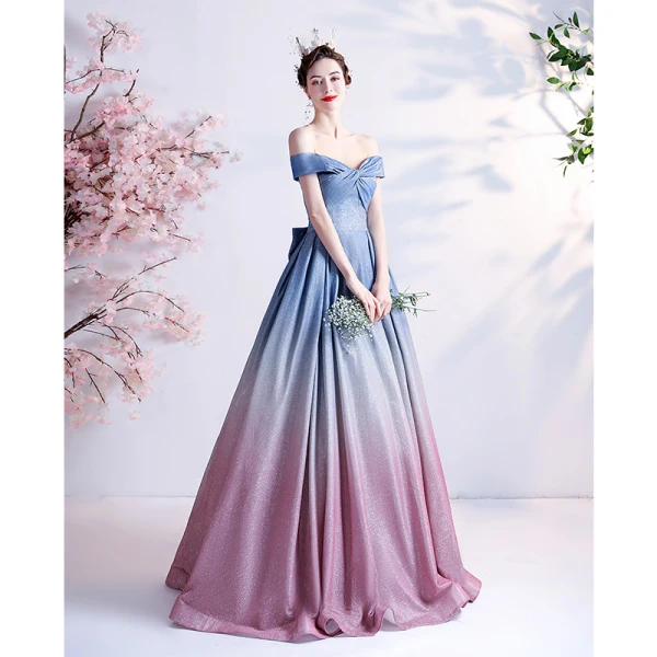 Fashion Gradient-Color Sky Blue Glitter Prom Dresses 2021 A-Line / Princess Off-The-Shoulder Short Sleeve Backless Bow Floor-Length / Long Prom Formal Dresses