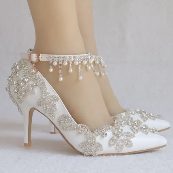 Elegant White Wedding Shoes 2018 Rhinestone Pearl Tassel 8 cm Stiletto Heels Pointed Toe Wedding High Heels