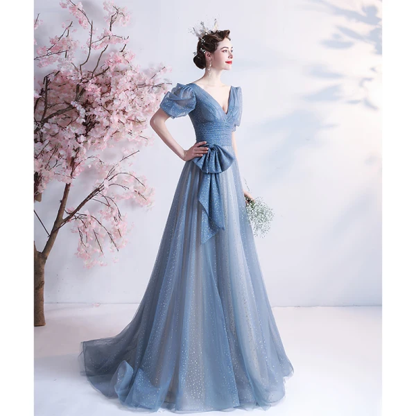 Chic / Belle Bleu Ciel Paillettes Robe De Bal 2021 Princesse V-Cou Manches Courtes Dos Nu Noeud Longue Promo Robe De Ceremonie