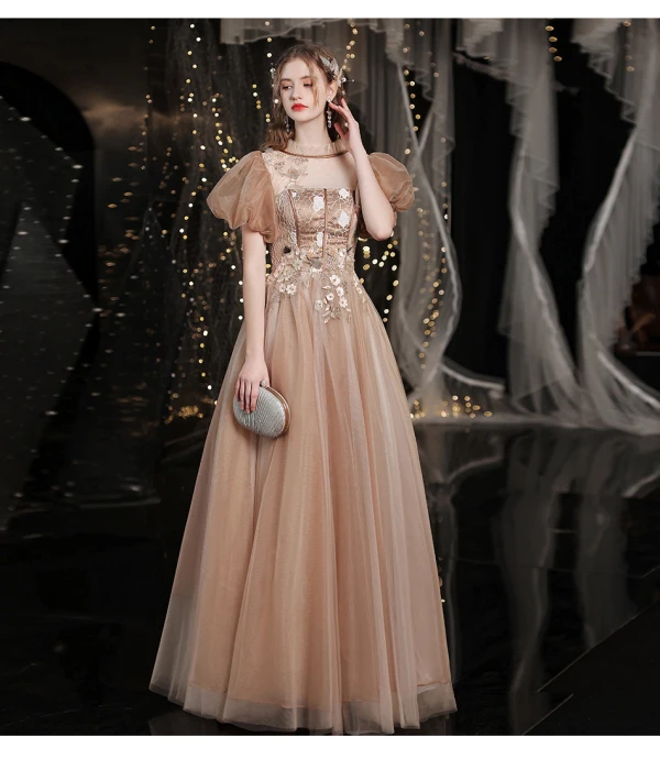 Vintage / Retro Gold Prom Dresses 2021 A-Line / Princess High Neck Beading Appliques Lace Flower Short Sleeve Backless Floor-Length / Long Prom Formal Dresses