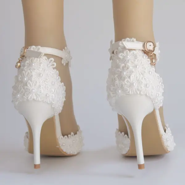 Chic / Beautiful Black Wedding Shoes 2018 Pearl Lace Ankle Strap 9 cm Stiletto Heels Pointed Toe Wedding High Heels