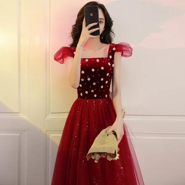 Vintage / Retro Red Pearl Sequins Prom Dresses 2021 A-Line / Princess Square Neckline Short Sleeve Backless Floor-Length / Long Prom Formal Dresses