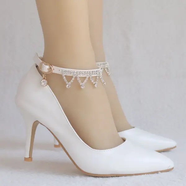 Proste / Simple Białe Buty Ślubne 2018 Rhinestone 8 cm Szpilki Szpiczaste Ślub Wysokie Obcasy