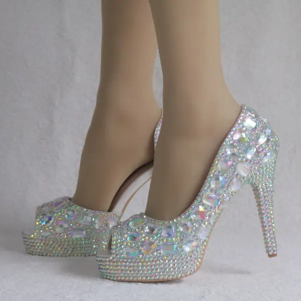 Amazing / Unique Silver Wedding Shoes 2018 Crystal 11 cm Stiletto Heels Open / Peep Toe Wedding High Heels