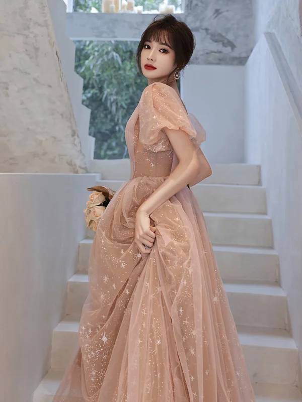 Fashion Champagne Bridesmaid Dresses 2021 A-Line / Princess Square Neckline Star Lace Sequins Bow Short Sleeve Backless Floor-Length / Long Bridesmaid Wedding Party Dresses
