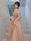 Fashion Champagne Bridesmaid Dresses 2021 A-Line / Princess Square Neckline Star Lace Sequins Bow Short Sleeve Backless Floor-Length / Long Bridesmaid Wedding Party Dresses