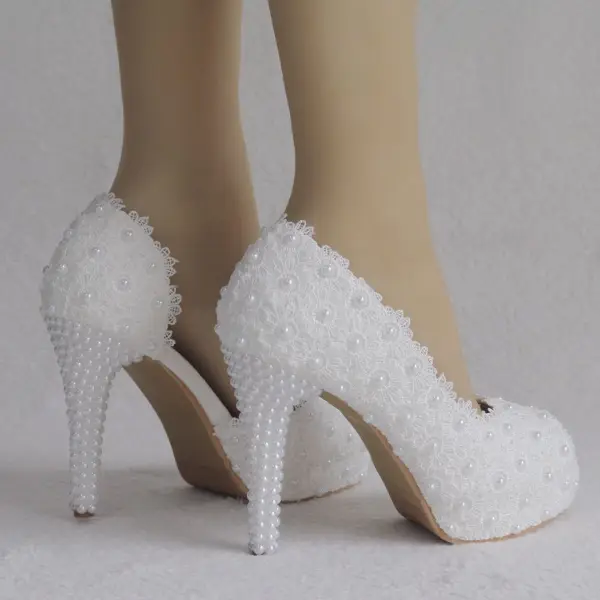 Chic / Beautiful White Wedding Shoes 2018 Lace Pearl 11 cm Thick Heels Open / Peep Toe Wedding High Heels