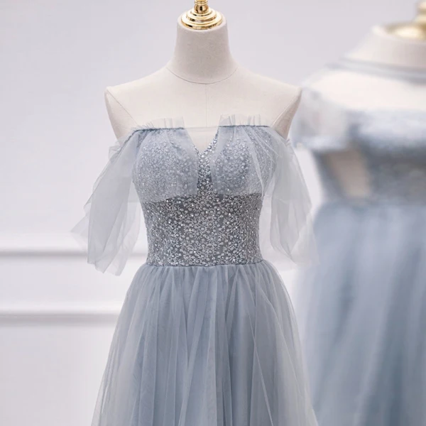 Modest / Simple Sky Blue Bridesmaid Dresses 2021 A-Line / Princess Short Sleeve Backless Beading Pearl Floor-Length / Long Bridesmaid Wedding Party Dresses