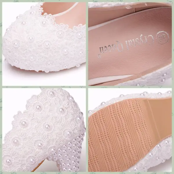 Chic / Beautiful White Wedding Shoes 2018 Lace Pearl 11 cm Stiletto Heels Round Toe Wedding Pumps