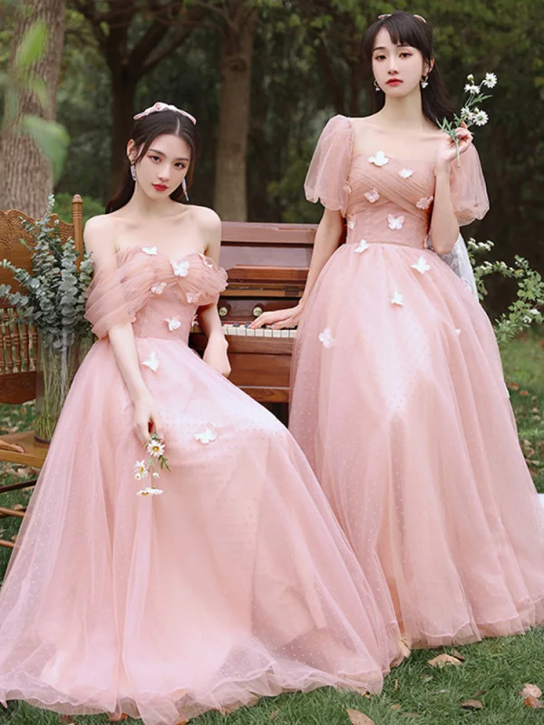 Chic / Beautiful Blushing Pink Lace Butterfly Bridesmaid Dresses 2021 A-Line / Princess Short Sleeve Backless Floor-Length / Long Bridesmaid Wedding Party Dresses