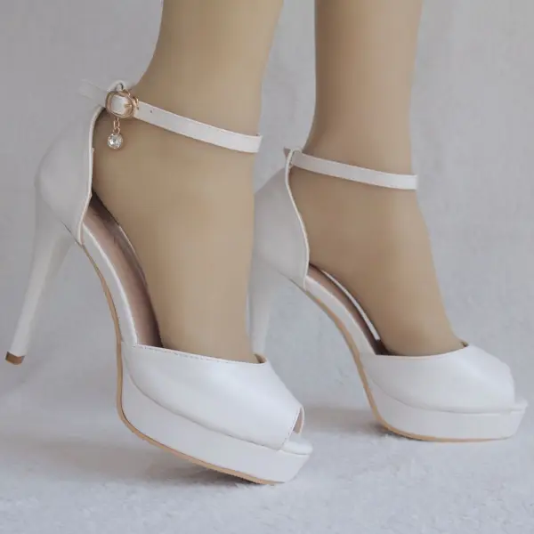 Modest / Simple White Casual Womens Shoes 2018 Ankle Strap 11 cm Stiletto Heels Open / Peep Toe High Heels