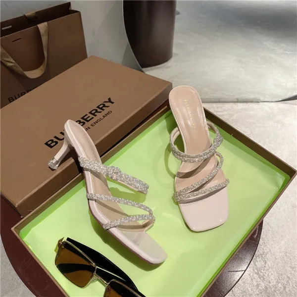 Sexy Beige Vêtement de rue Paillettes Sandales Femme 2021 6 cm Talons Aiguilles Peep Toes / Bout Ouvert Sandales Talons Hauts